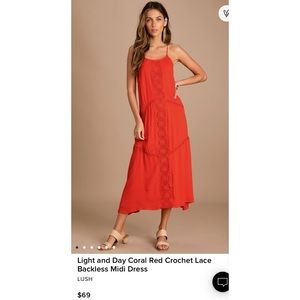 Lulu’s Coral Red Crochet Lace Backless Midi Dress
